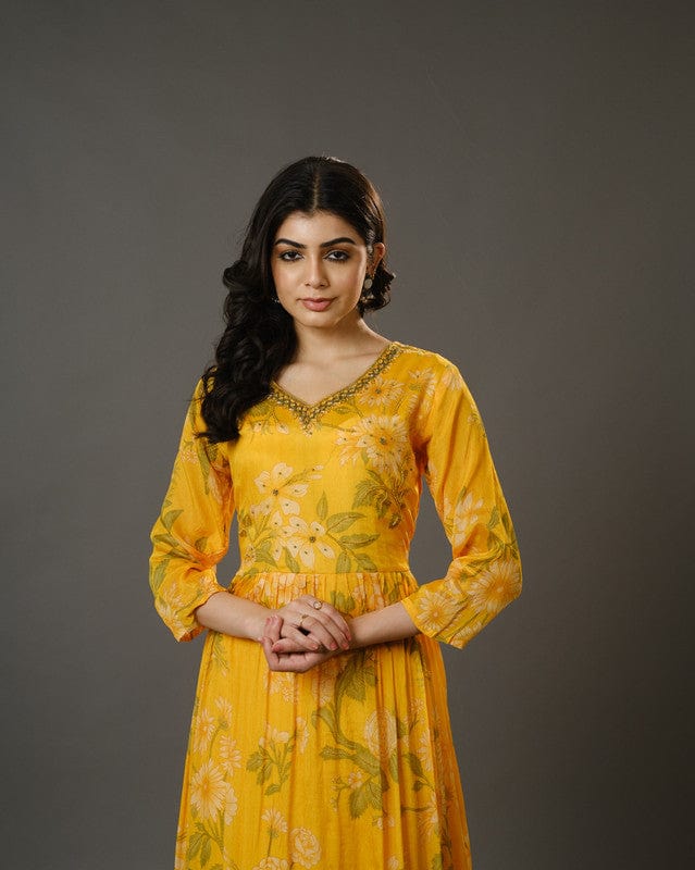 Yellow 3/4th Sleeves Chiffon Digital Floral Print, Embellishment, Mirror Work Calf Length Kurta Set