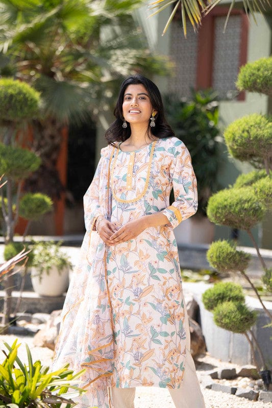 Beige 3/4th sleeves Cotton Floral Regular Fit Calf length Kurta set