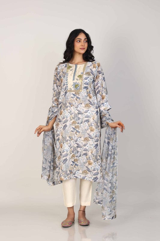 Khaki 3/4th Sleeves Linen All over print and Neck placket Calf length Kurta Set - With Dupatta
