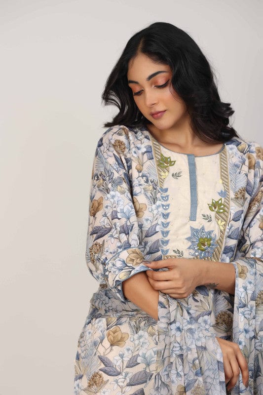 Khaki 3/4th Sleeves Linen All over print and Neck placket Calf length Kurta Set - With Dupatta