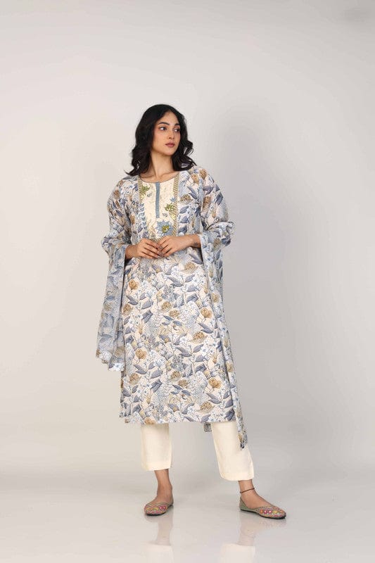 Khaki 3/4th Sleeves Linen All over print and Neck placket Calf length Kurta Set - With Dupatta