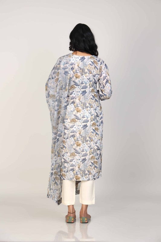 Khaki 3/4th Sleeves Linen All over print and Neck placket Calf length Kurta Set - With Dupatta