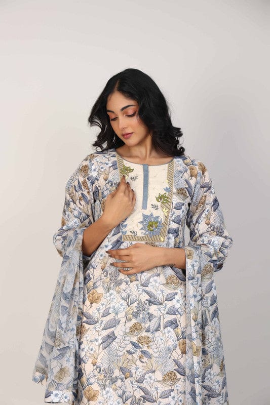 Khaki 3/4th Sleeves Linen All over print and Neck placket Calf length Kurta Set - With Dupatta