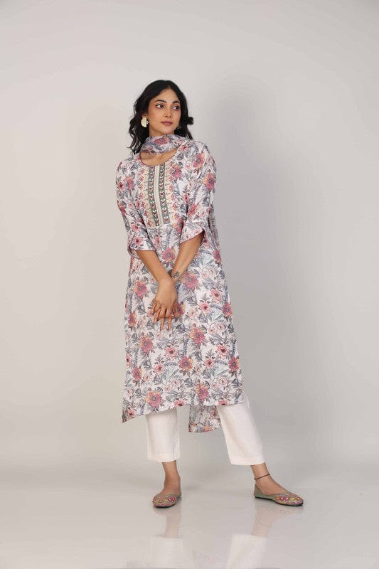 Stone 3/4th Sleeves Linen All over print and Neck placket Calf length Kurta Set - With Dupatta