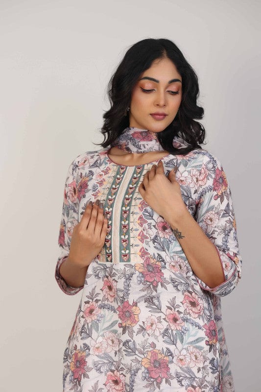Stone 3/4th Sleeves Linen All over print and Neck placket Calf length Kurta Set - With Dupatta