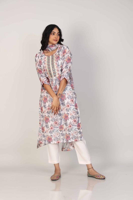Stone 3/4th Sleeves Linen All over print and Neck placket Calf length Kurta Set - With Dupatta