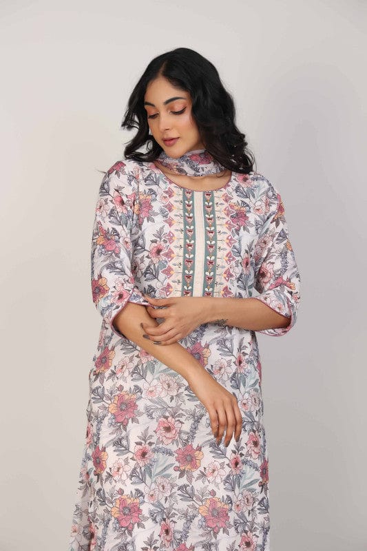 Stone 3/4th Sleeves Linen All over print and Neck placket Calf length Kurta Set - With Dupatta