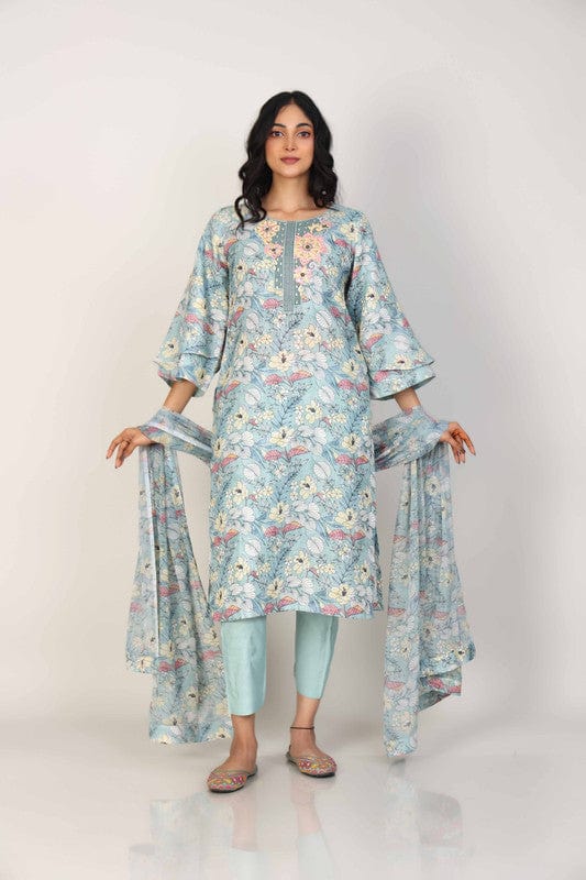Green 3/4th Sleeves Linen All over print and Neck placket Calf length Kurta Set - With Dupatta