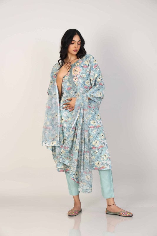 Green 3/4th Sleeves Linen All over print and Neck placket Calf length Kurta Set - With Dupatta