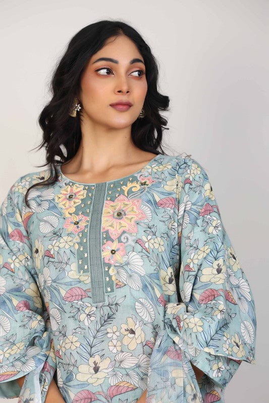 Green 3/4th Sleeves Linen All over print and Neck placket Calf length Kurta Set - With Dupatta