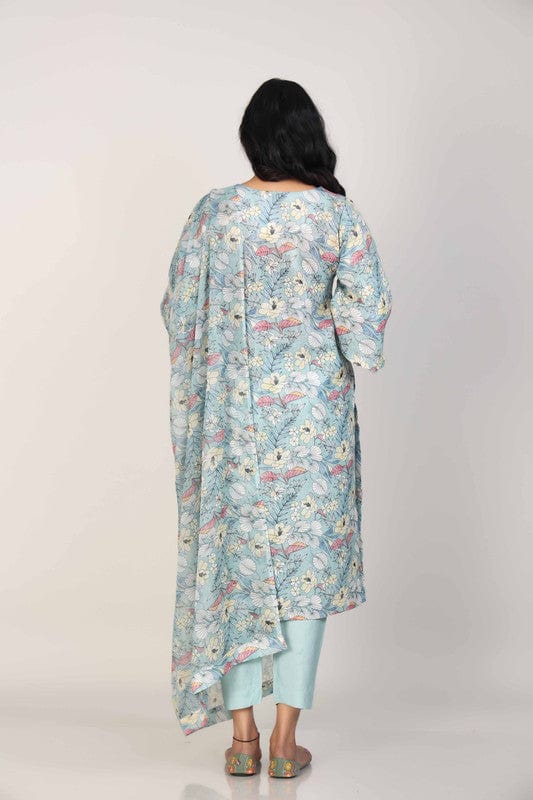 Green 3/4th Sleeves Linen All over print and Neck placket Calf length Kurta Set - With Dupatta