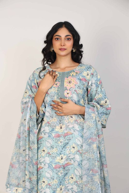 Green 3/4th Sleeves Linen All over print and Neck placket Calf length Kurta Set - With Dupatta