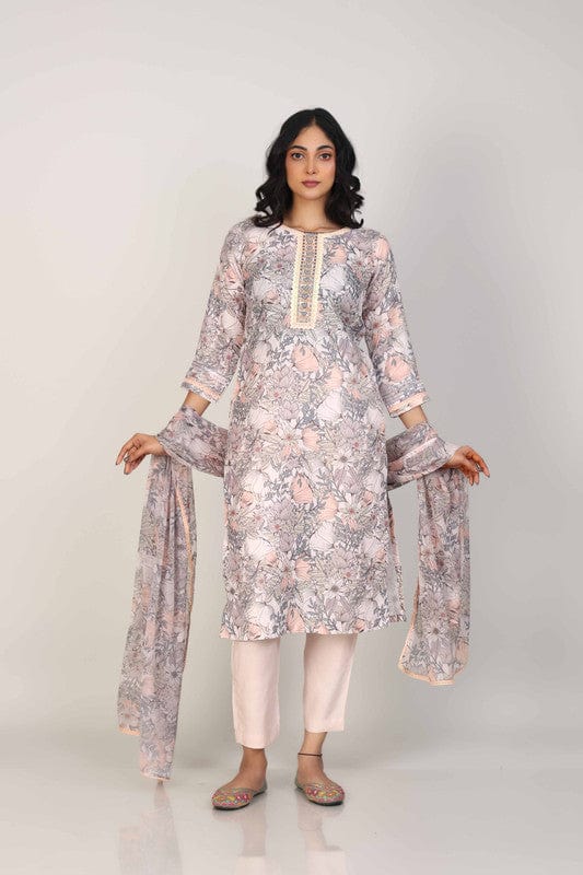 Peach 3/4th Sleeves Linen All over print and Neck placket Calf length Kurta Set - With Dupatta