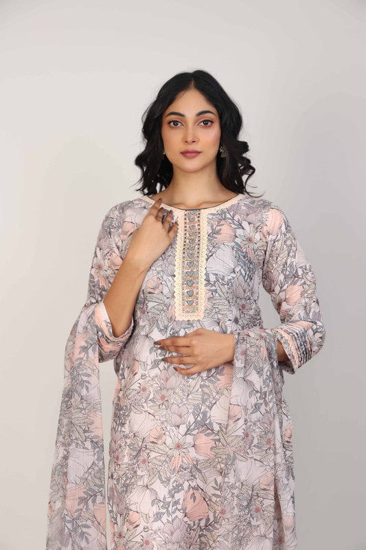 Peach 3/4th Sleeves Linen All over print and Neck placket Calf length Kurta Set - With Dupatta