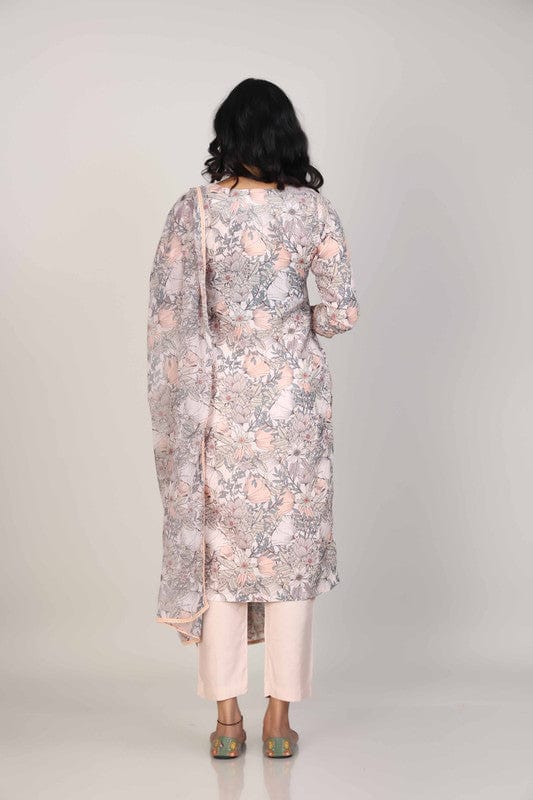 Peach 3/4th Sleeves Linen All over print and Neck placket Calf length Kurta Set - With Dupatta