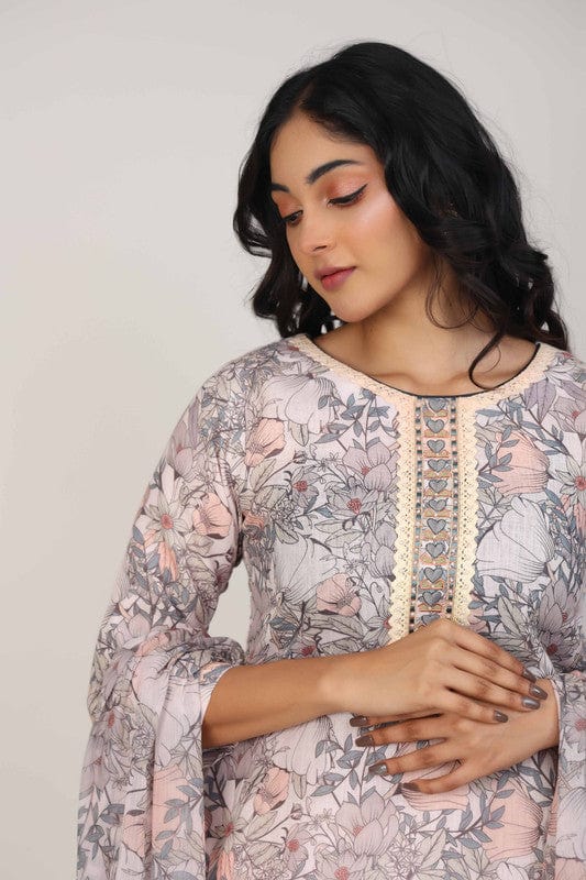 Peach 3/4th Sleeves Linen All over print and Neck placket Calf length Kurta Set - With Dupatta