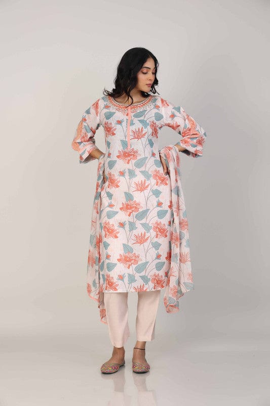 Light Peach 3/4th Sleeves Linen All over print floral Calf length Kurta Set - With Dupatta