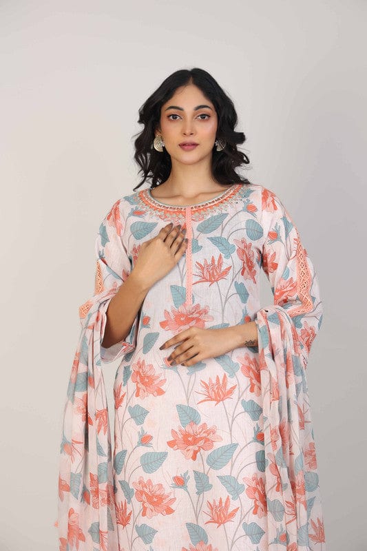Light Peach 3/4th Sleeves Linen All over print floral Calf length Kurta Set - With Dupatta