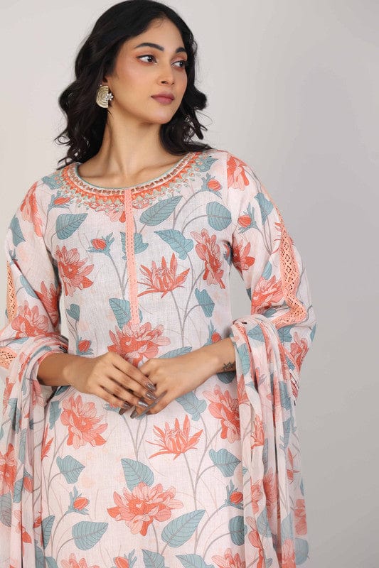 Light Peach 3/4th Sleeves Linen All over print floral Calf length Kurta Set - With Dupatta