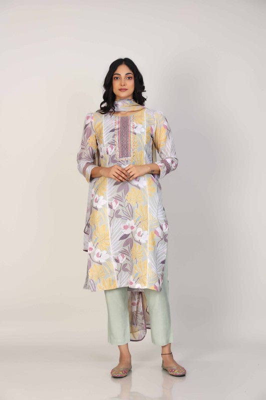 Pastel Green 3/4th Sleeves Linen All over print and Neck placket Calf length Kurta Set - With Dupatta