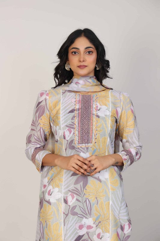 Pastel Green 3/4th Sleeves Linen All over print and Neck placket Calf length Kurta Set - With Dupatta