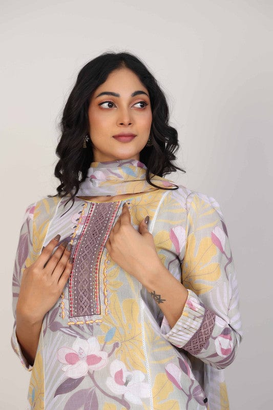 Pastel Green 3/4th Sleeves Linen All over print and Neck placket Calf length Kurta Set - With Dupatta