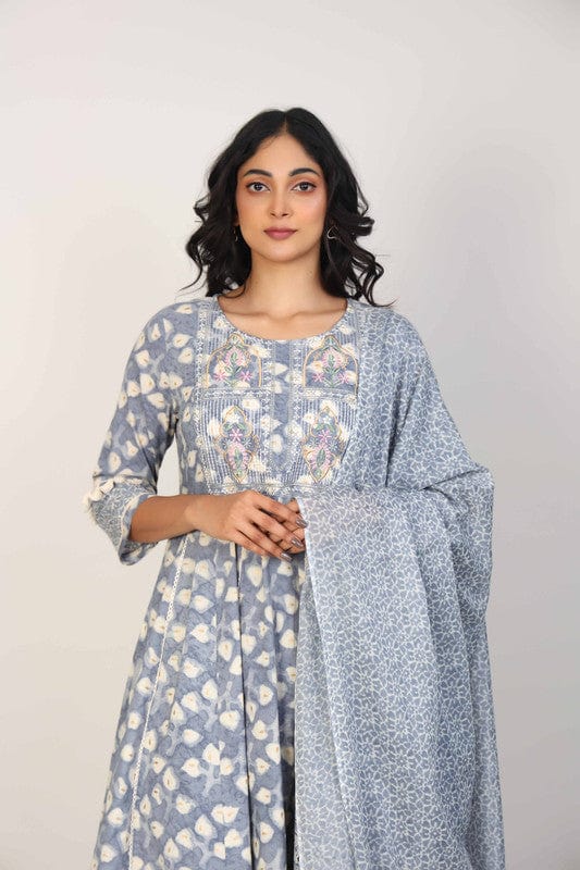 Grey 3/4th Sleeves Cotton All over print floral Calf length Kurta Set - With Dupatta