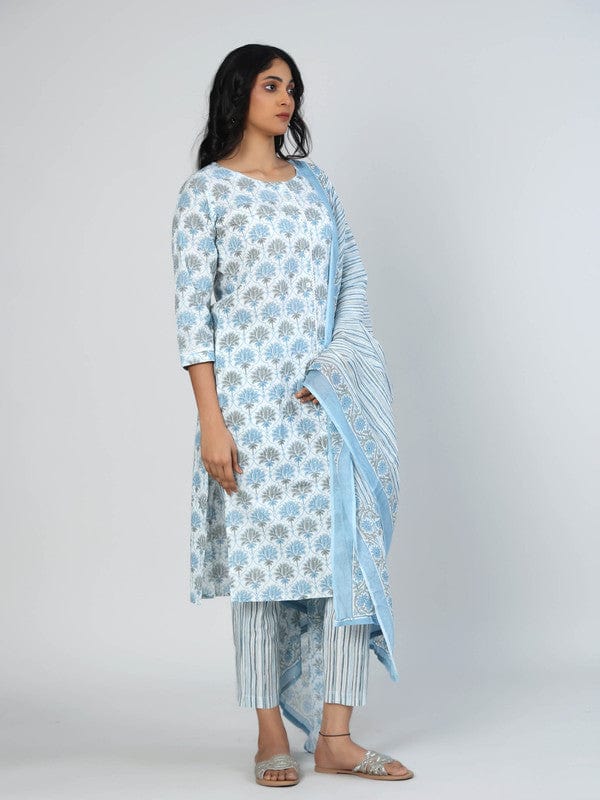 Blue 3/4th Sleeves Cotton All over print floral Calf length Kurta Set - With Dupatta