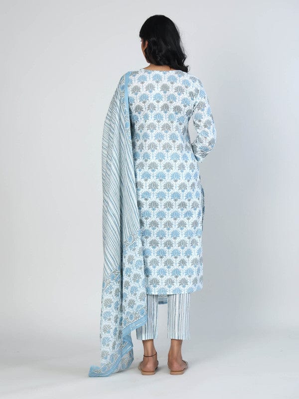 Blue 3/4th Sleeves Cotton All over print floral Calf length Kurta Set - With Dupatta