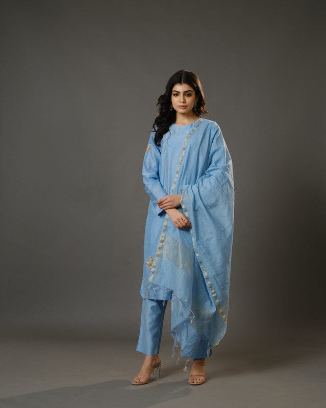 Aqua Blue Full Sleeves Cotton Silk Gold Thread Work Calf Length Kurta Set