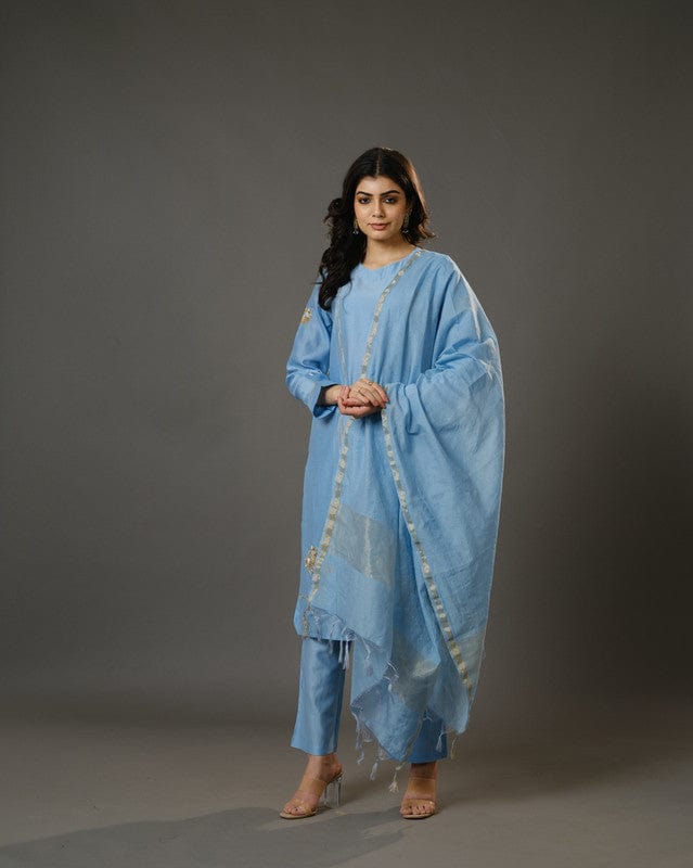 Aqua Blue Full Sleeves Cotton Silk Gold Thread Work Calf Length Kurta Set