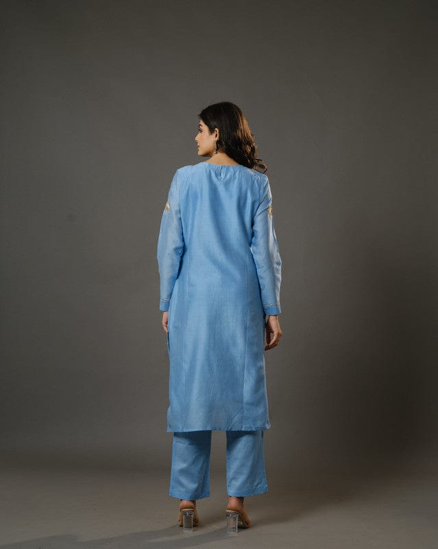 Aqua Blue Full Sleeves Cotton Silk Gold Thread Work Calf Length Kurta Set