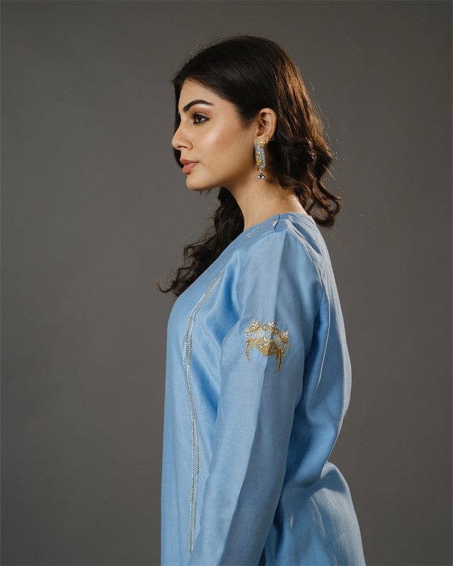 Aqua Blue Full Sleeves Cotton Silk Gold Thread Work Calf Length Kurta Set