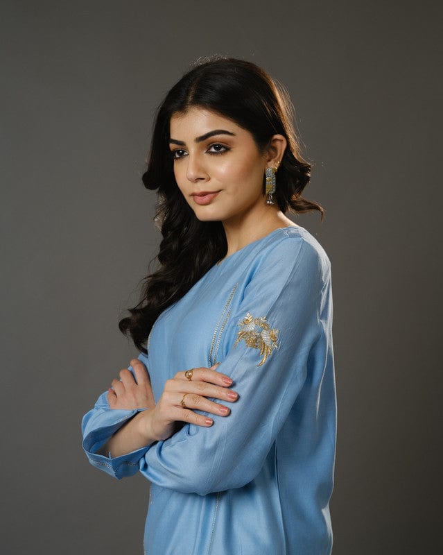 Aqua Blue Full Sleeves Cotton Silk Gold Thread Work Calf Length Kurta Set