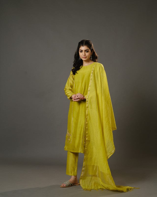 Lime Green Full Sleeves Cotton Silk Gold Thread Work Calf Length Kurta Set