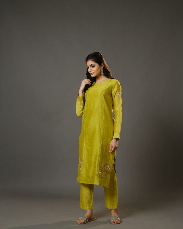 Lime Green Full Sleeves Cotton Silk Gold Thread Work Calf Length Kurta Set