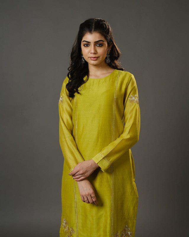 Lime Green Full Sleeves Cotton Silk Gold Thread Work Calf Length Kurta Set