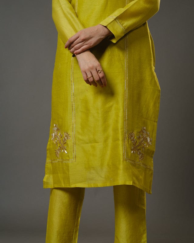 Lime Green Full Sleeves Cotton Silk Gold Thread Work Calf Length Kurta Set