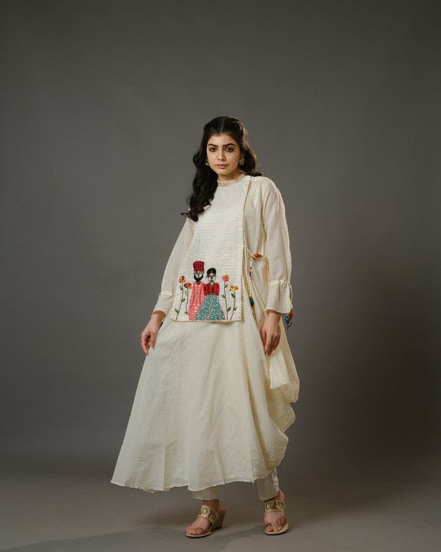 Cream Full Sleeves Cotton Art Work, Thread Work, Sequin Full Length Kurta