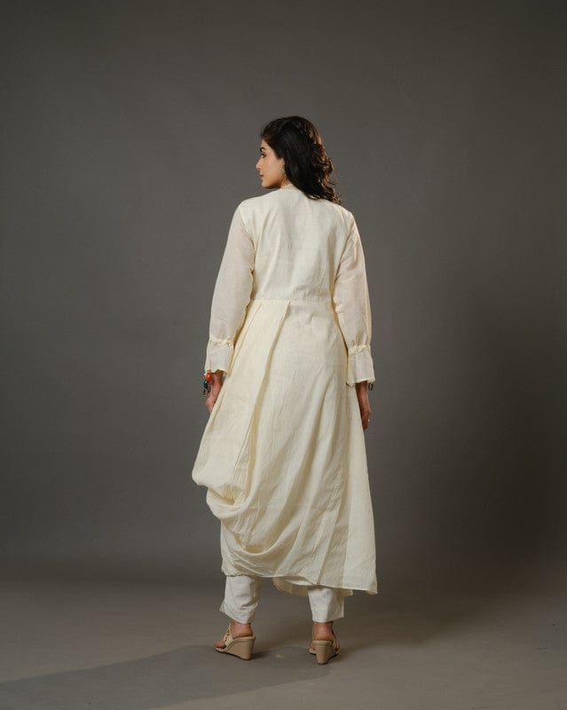 Cream Full Sleeves Cotton Art Work, Thread Work, Sequin Full Length Kurta