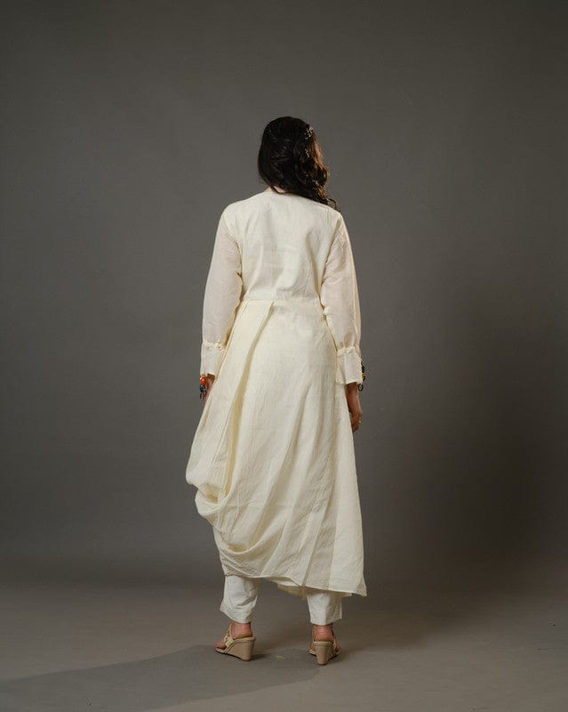 Cream Full Sleeves Cotton Art Work, Thread Work, Sequin Full Length Kurta