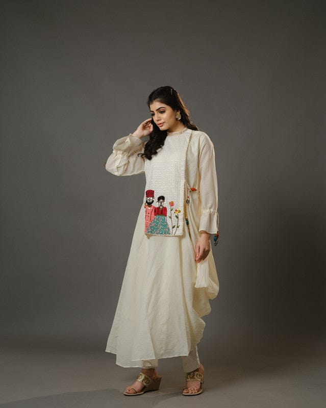 Cream Full Sleeves Cotton Art Work, Thread Work, Sequin Full Length Kurta