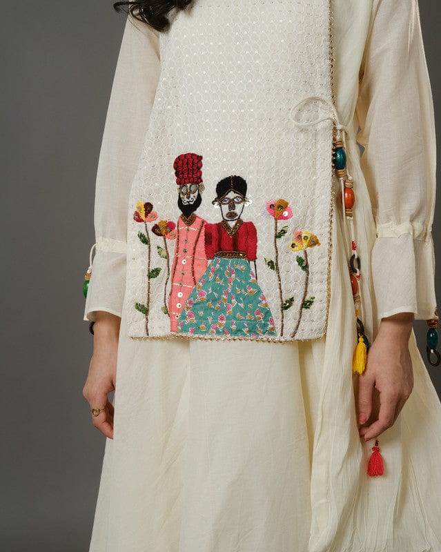 Cream Full Sleeves Cotton Art Work, Thread Work, Sequin Full Length Kurta