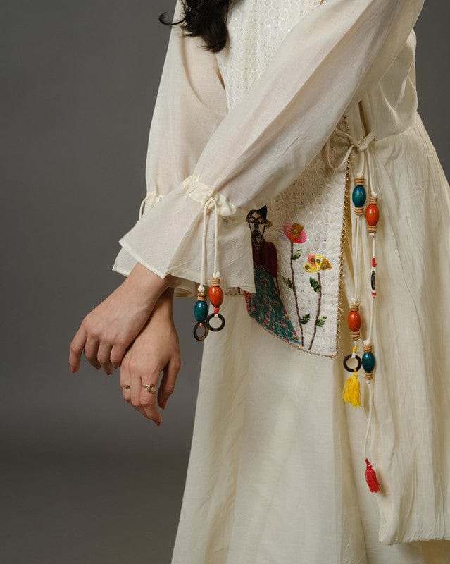 Cream Full Sleeves Cotton Art Work, Thread Work, Sequin Full Length Kurta