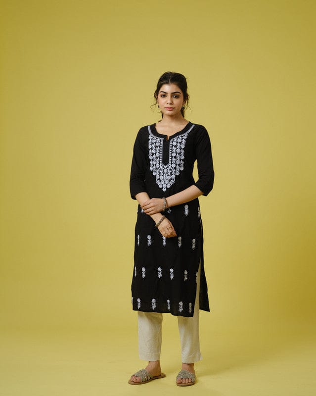 Black 3/4th Sleeves Cotton Cambric Floral Thread Work Knee Length Kurta