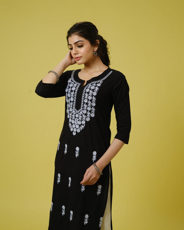 Black 3/4th Sleeves Cotton Cambric Floral Thread Work Knee Length Kurta