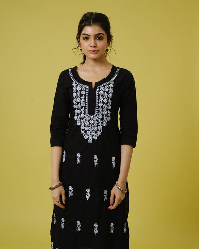 Black 3/4th Sleeves Cotton Cambric Floral Thread Work Knee Length Kurta