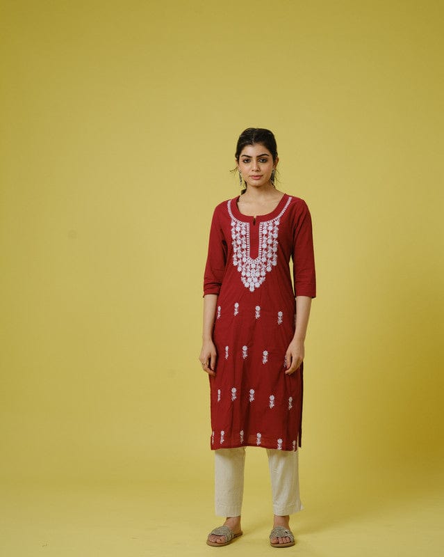 Maroon 3/4th Sleeves Cotton Cambric Floral Thread Work Knee Length Kurta