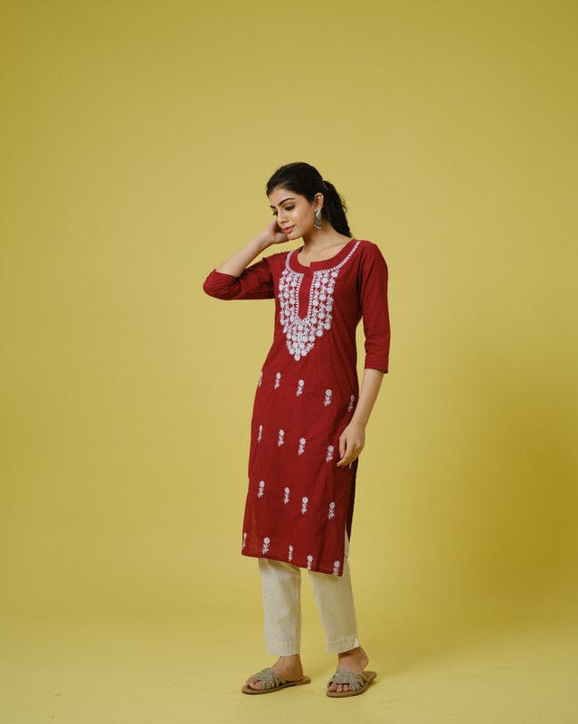 Maroon 3/4th Sleeves Cotton Cambric Floral Thread Work Knee Length Kurta