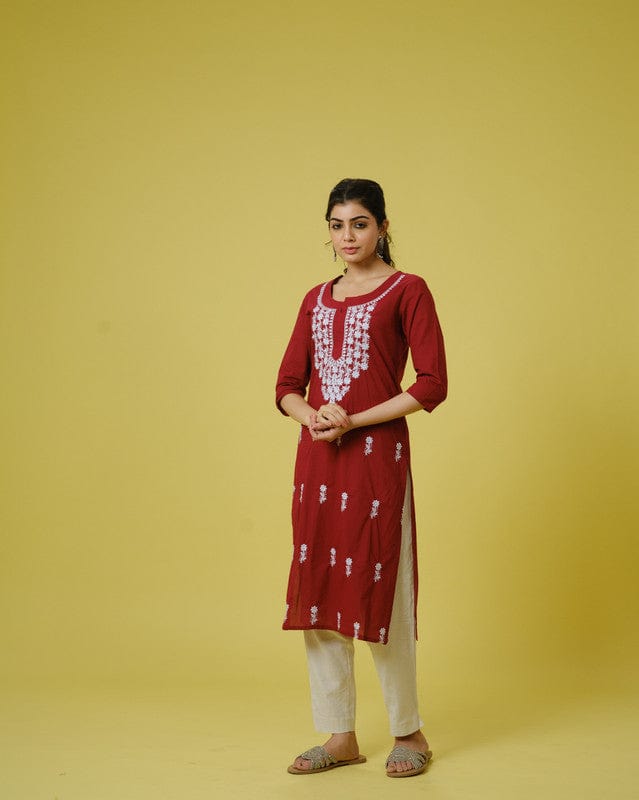 Maroon 3/4th Sleeves Cotton Cambric Floral Thread Work Knee Length Kurta